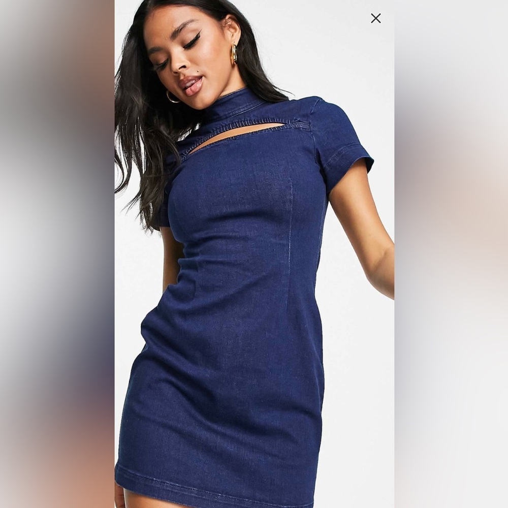 ASOS DESIGN denim mini dress with cutout detail in dark blue size 14